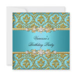 Elegant Birthday Party Damask Teal Blue Gold Custom Announcements