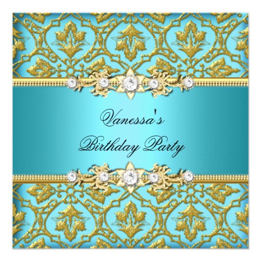 Elegant Birthday Party Damask Teal Blue Gold Custom Announcements (front side)