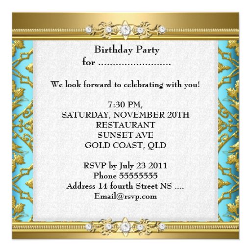 Elegant Birthday Party Damask Teal Blue Gold Custom Announcements