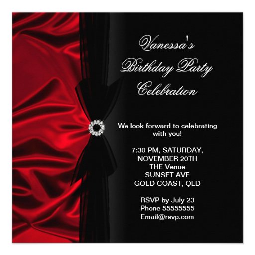 Elegant Birthday Party Deep Red Silk Black Custom Invites