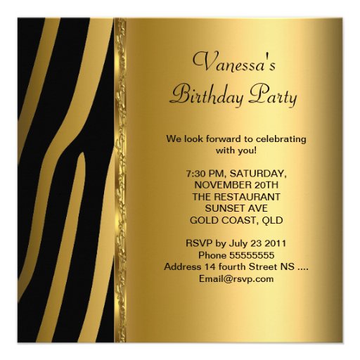 Elegant Birthday Party Gold Black Zebra Stripe Announcements