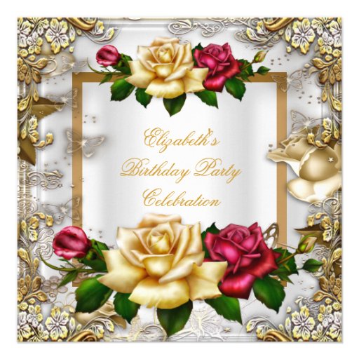 Elegant Birthday Party Roses White Gold Red Pink Announcement