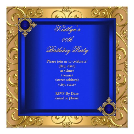 Elegant Birthday Party Royal Blue Damask Gold Personalized Invite (front side)