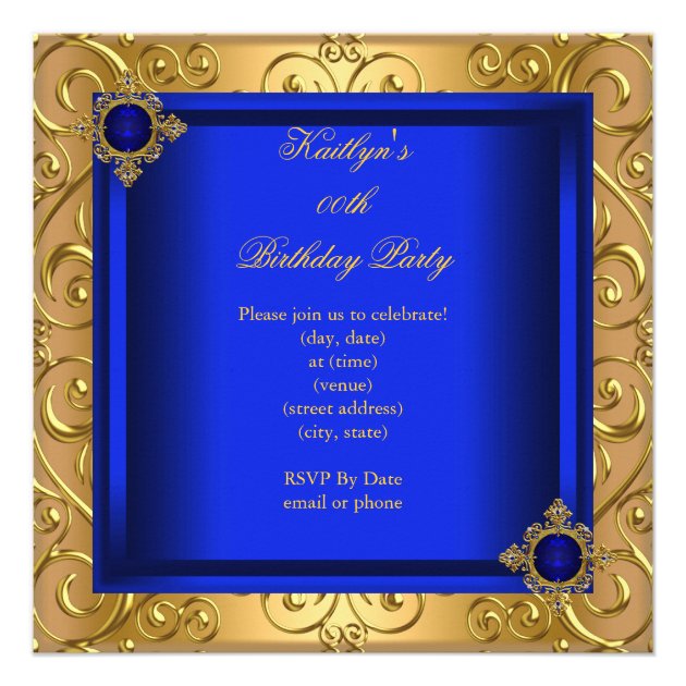 Elegant Birthday Party Royal Blue Damask Gold Personalized Invite