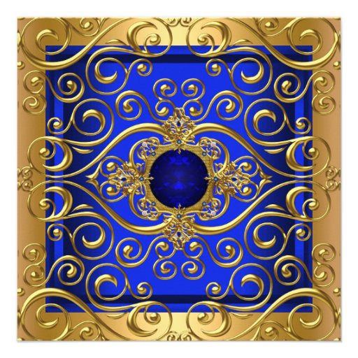 Elegant Birthday Party Royal Blue Damask Gold Personalized Invite