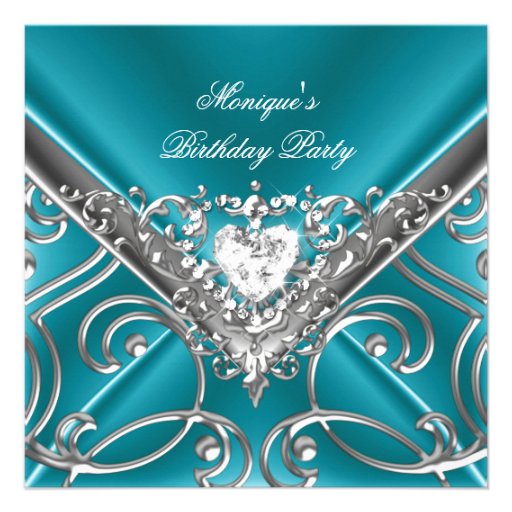 Elegant Birthday Party Teal Blue Silver Diamond Personalized Invites (front side)