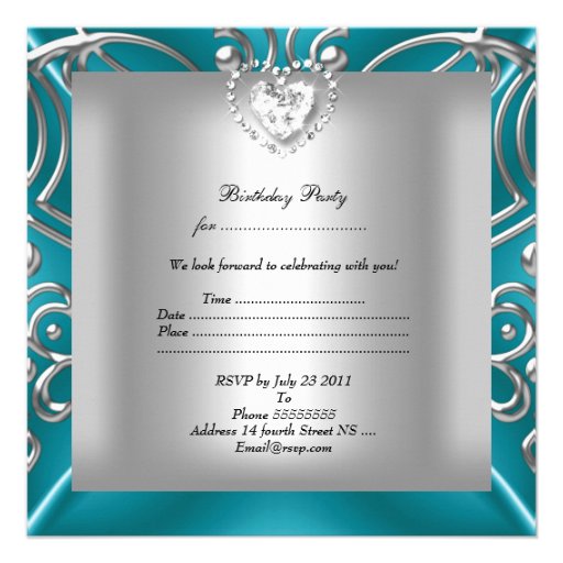 Elegant Birthday Party Teal Blue Silver Diamond Personalized Invites