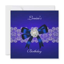 Elegant Birthday Royal Blue Pearl White Lace Personalized Announcements