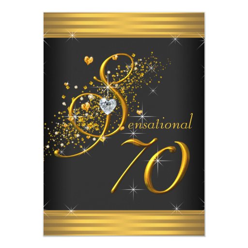 Elegant Black and Gold 70th Birthday Party Custom Invites (front side)