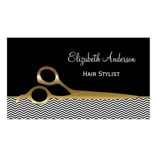Elegant Black and Gold Chevrons Hair Salon Business Card Template (front side)