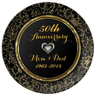 Elegant Black And Gold Damask 50th Anniversary Porcelain Plates