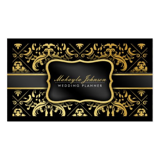 Elegant Black and gold Damask wedding planner Business Card Templates (front side)