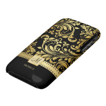 Elegant Black and Gold Damask wiht Monogram iPhone 3 Case