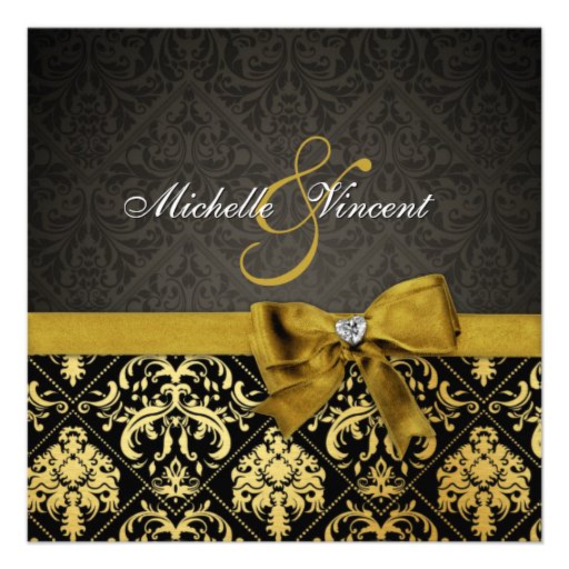 Elegant Black and Gold Damask with heart diamond Personalized Announcements