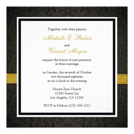 Elegant Black and Gold Damask with heart diamond Personalized Announcements