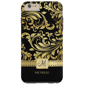 Elegant Black and Gold Damask with Monogram Tough iPhone 6 Plus Case