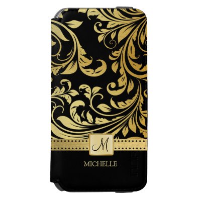 Elegant Black and Gold Damask with Monogram iPhone 6/6S Wallet Case