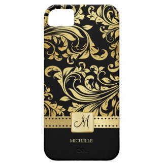 Elegant Black and Gold Damask withMonogram iPhone 5 Case