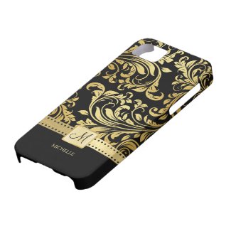 Elegant Black and Gold Damask withMonogram iPhone 5 Case