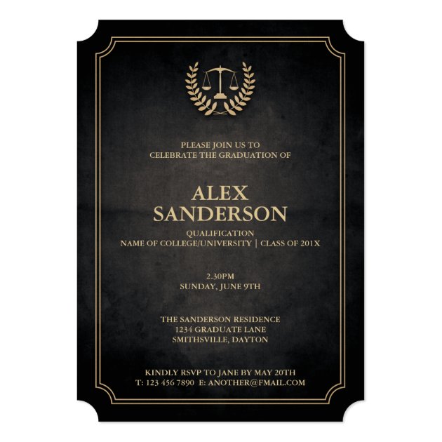 Elegant Black and Gold Law School Graduation 5x7 Paper Invitation Card