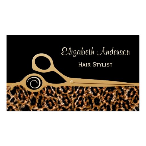 Elegant Black and Gold Leopard Hair Salon Business Card Template (front side)
