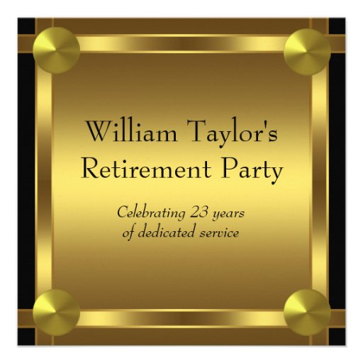 Elegant Black and Gold Mans Retirement Party Personalized Invites (front side)