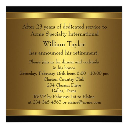 Elegant Black and Gold Mans Retirement Party Personalized Invites
