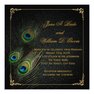 Elegant Black and Gold Peacock Wedding 5.25x5.25 Square Paper Invitation Card