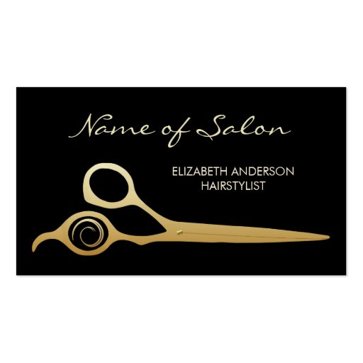 Elegant Black and Gold Salon Hairstylist Scissors Business Card Templates (front side)