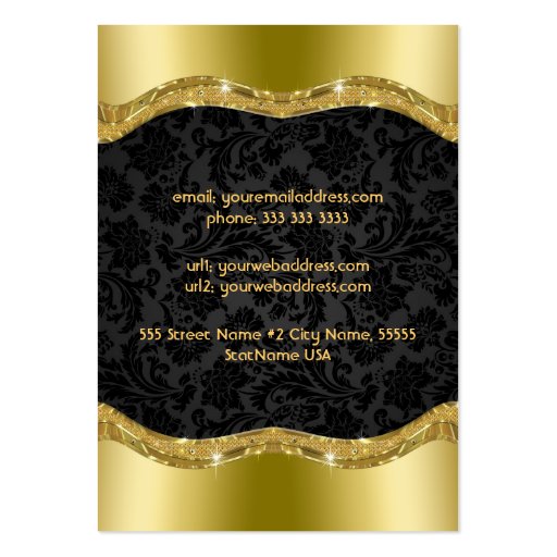 Elegant Black And Gold Vintage Damasks 4 Business Card Template (back side)