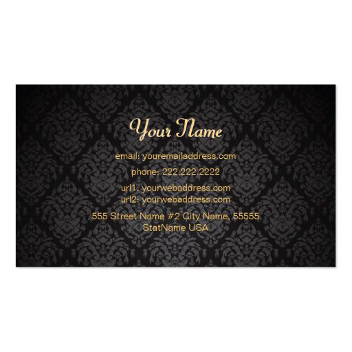 Elegant Black And Gold Vintage Gold Lace Frame Business Cards (back side)
