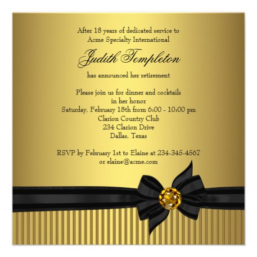 Elegant Black and Gold  Womans Retirement Party Custom Invite