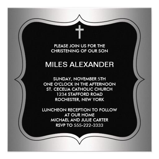 Elegant Black and Gray Christening Personalized Announcements
