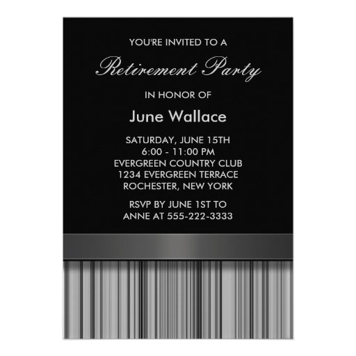 Elegant Black and Gray Stripe Retirement Party Invitations (front side)