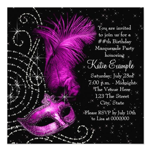 Elegant Black and Hot Pink Masquerade Party Custom Invitation