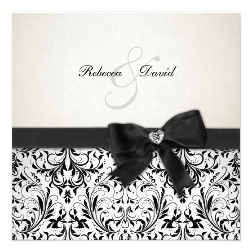 Elegant Black and Ivory Damask with diamond bow Custom Invitation