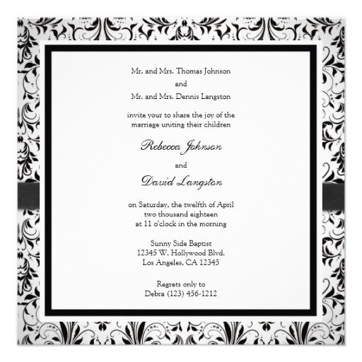 Elegant Black and Ivory Damask with diamond bow Custom Invitation