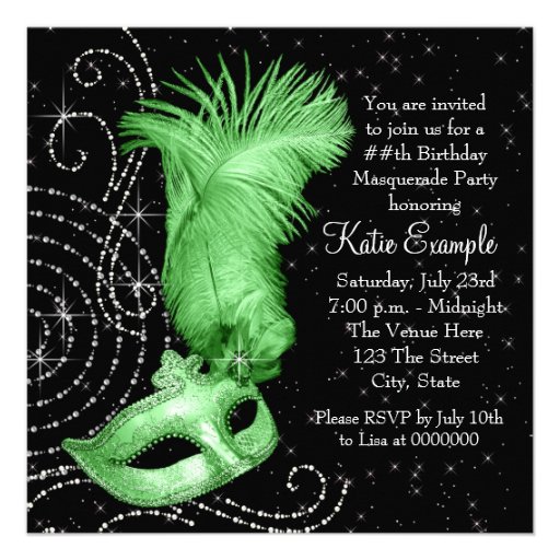 Elegant Black and Lime Green Masquerade Party Personalized Invitation