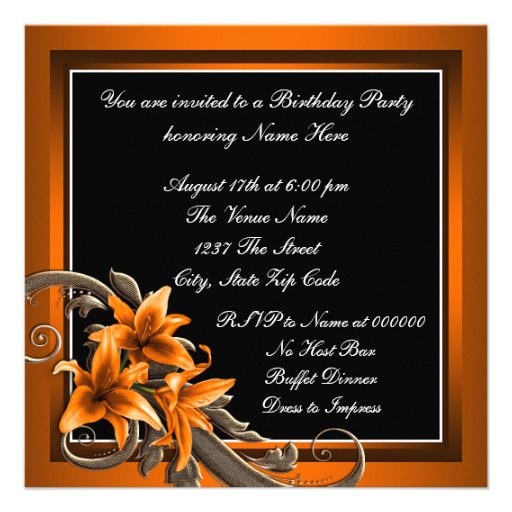 Elegant Black and Orange Tiger Lily Birthday Party Custom Invitations