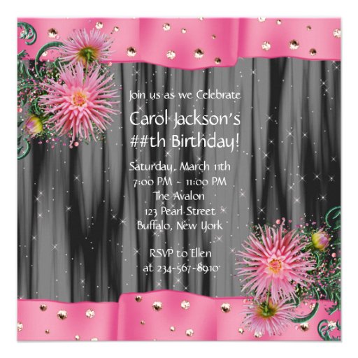 Elegant Black And Pink Dahlia Birthday Party Invite
