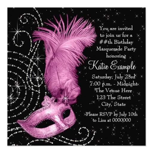 Elegant Black and Pink Masquerade Party Personalized Invite