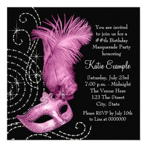 Elegant Black and Pink Masquerade Party Personalized Invites