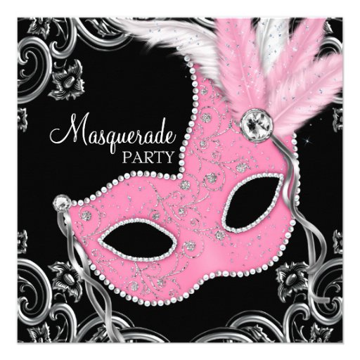Elegant Black and Pink Masquerade Party Custom Announcement