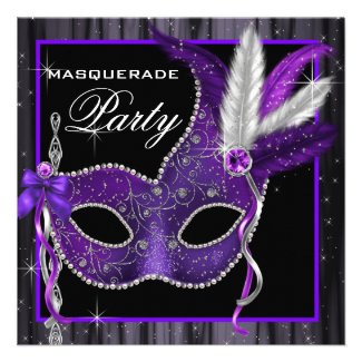 Elegant Black and Purple Masquerade Party Personalized Invite