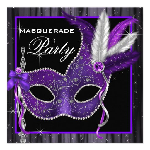 Elegant Black and Purple Masquerade Party Personalized Invite (front side)