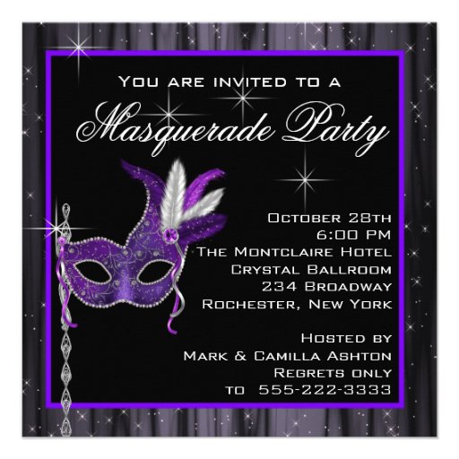 Elegant Black and Purple Masquerade Party Personalized Invite