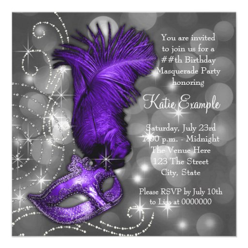 Elegant Black and Purple  Masquerade Party Custom Invite