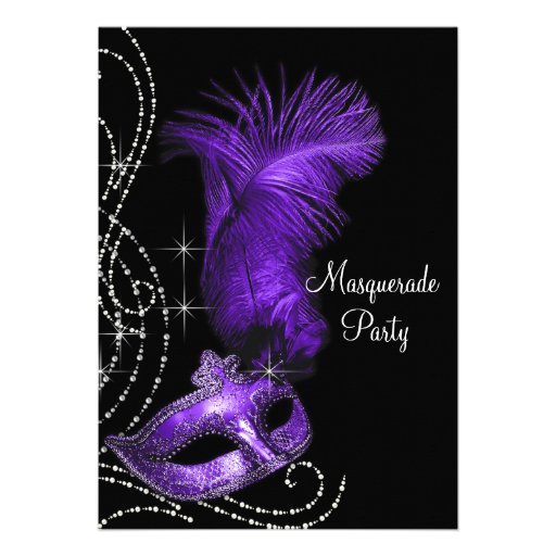 Elegant Black and Purple Masquerade Party Announcement (front side)