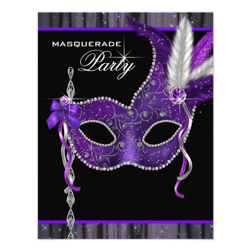 Elegant Black and Purple Masquerade Party Invitation (front side)