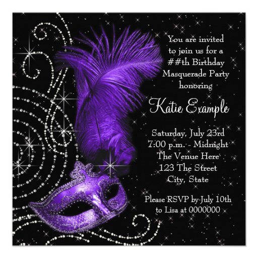 Elegant Black and Purple  Masquerade Party Custom Invitation